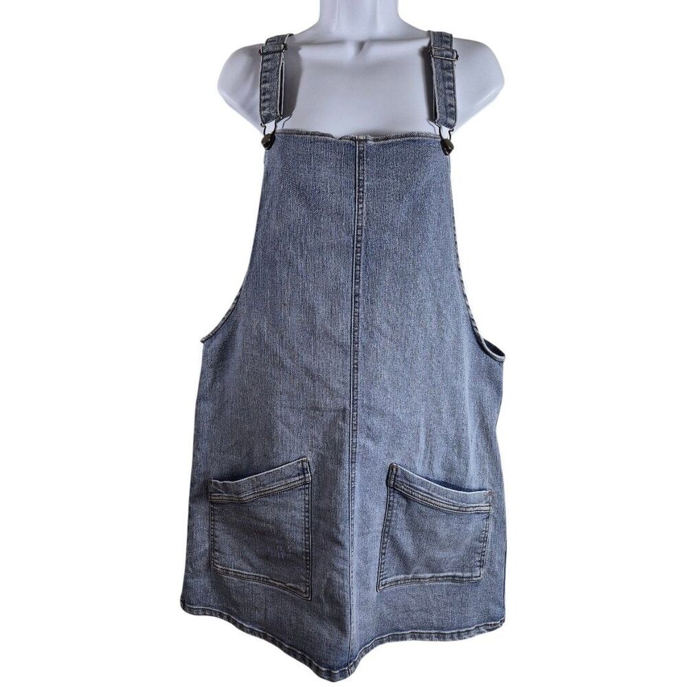 Denim XL Overalls Bib Mini Dress Blue Mini Pockets Adjustable Straps Casual Chic - Picture 2 of 7